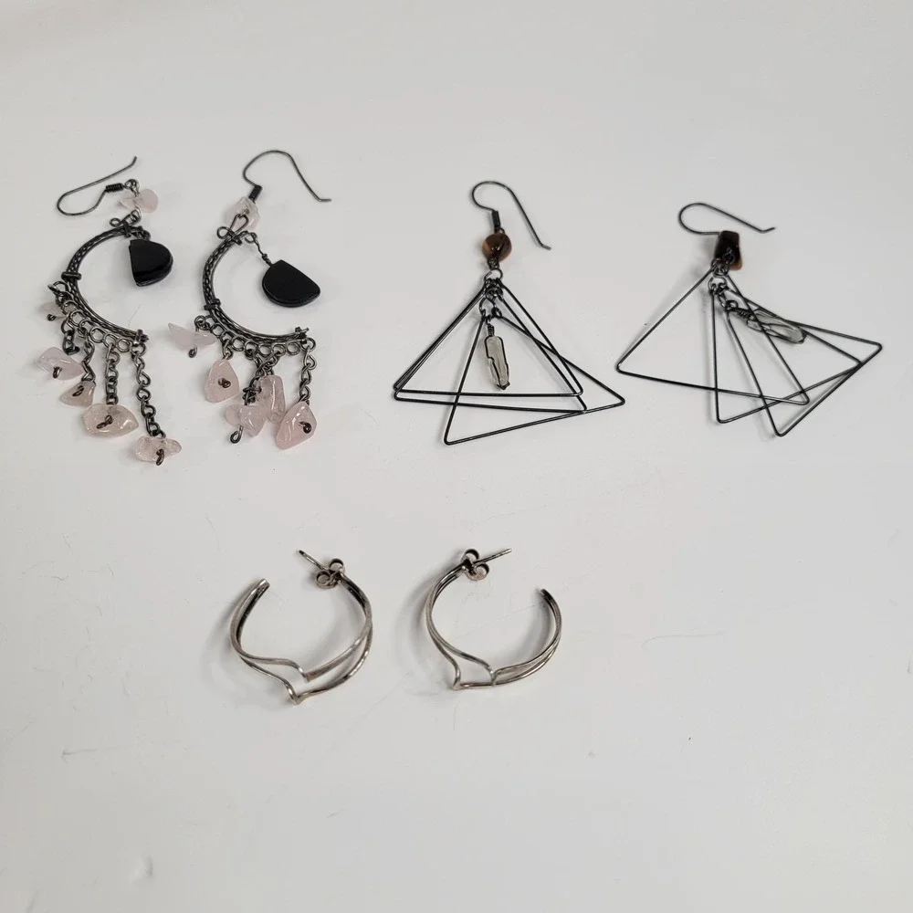 925 Sterling Earrings Lot Of 3 Pairs Quartz Moon Crystal‎ Triangle Hoop Jewelry